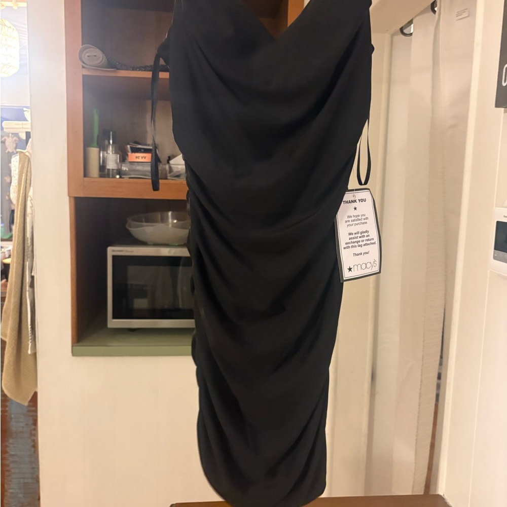 Macy's Black Ruched Cowl Slip Midi Dress